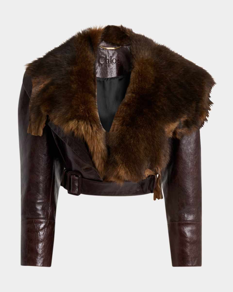 Shiny Leather Crop Moto Jacket With Removable Lamb Shearling Collar